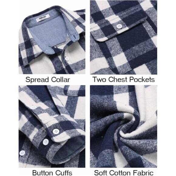 Men's Flannel Shirt Long Sleeve Plaid Casual Button Down Shirt with Pockets - Picture 5 of 7